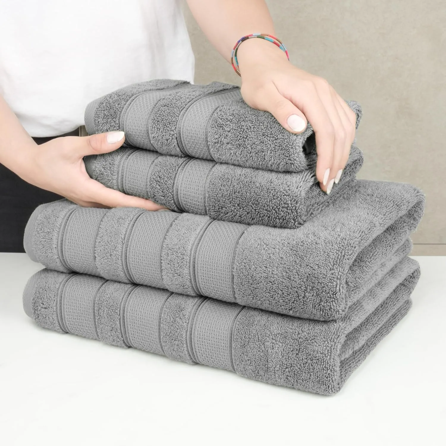 American Soft Linen Salem Bath Towel Set, 100% Cotton 6 Piece Towels for Bathroom, 2 Bath Towels 2 Hand Towels 2 Washcloths, Light Grey