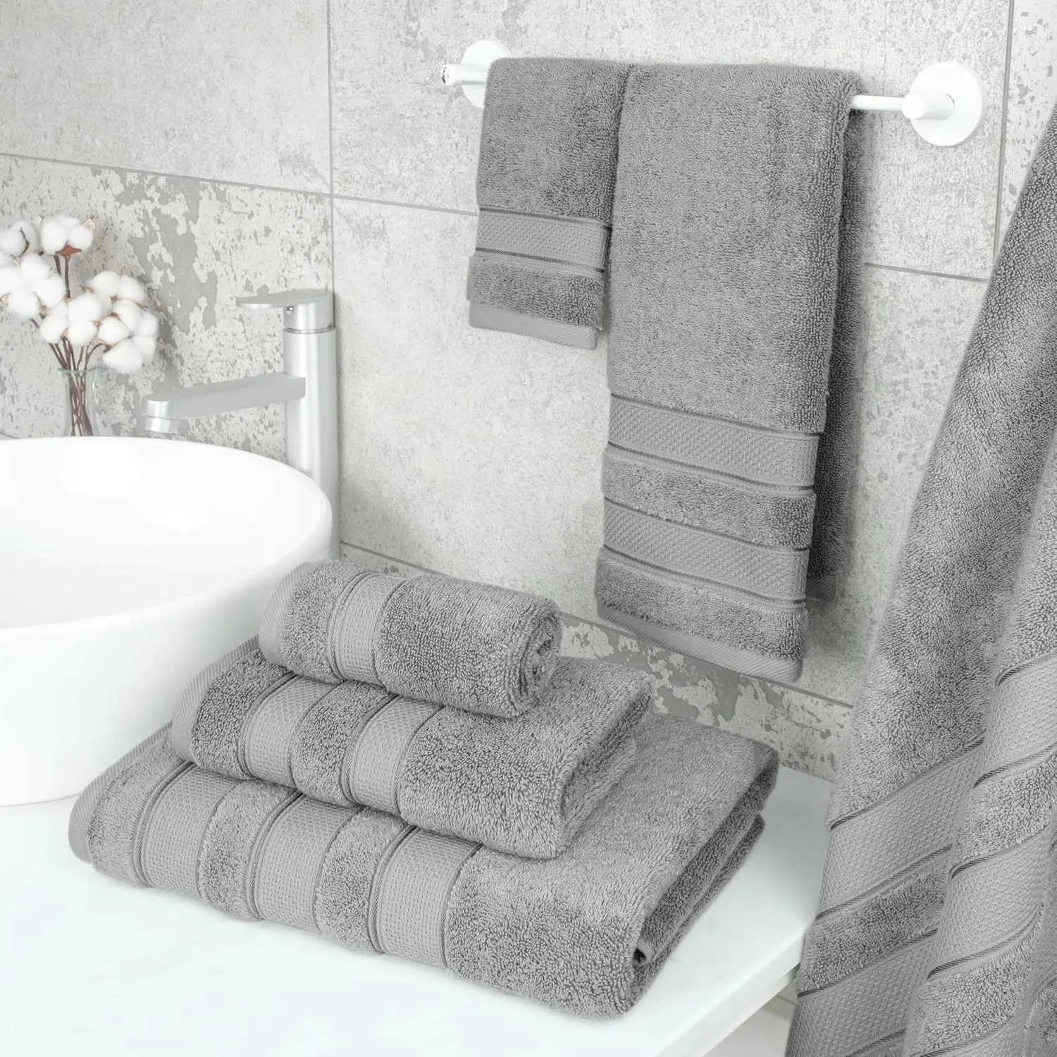 American Soft Linen Salem Bath Towel Set, 100% Cotton 6 Piece Towels for Bathroom, 2 Bath Towels 2 Hand Towels 2 Washcloths, Light Grey