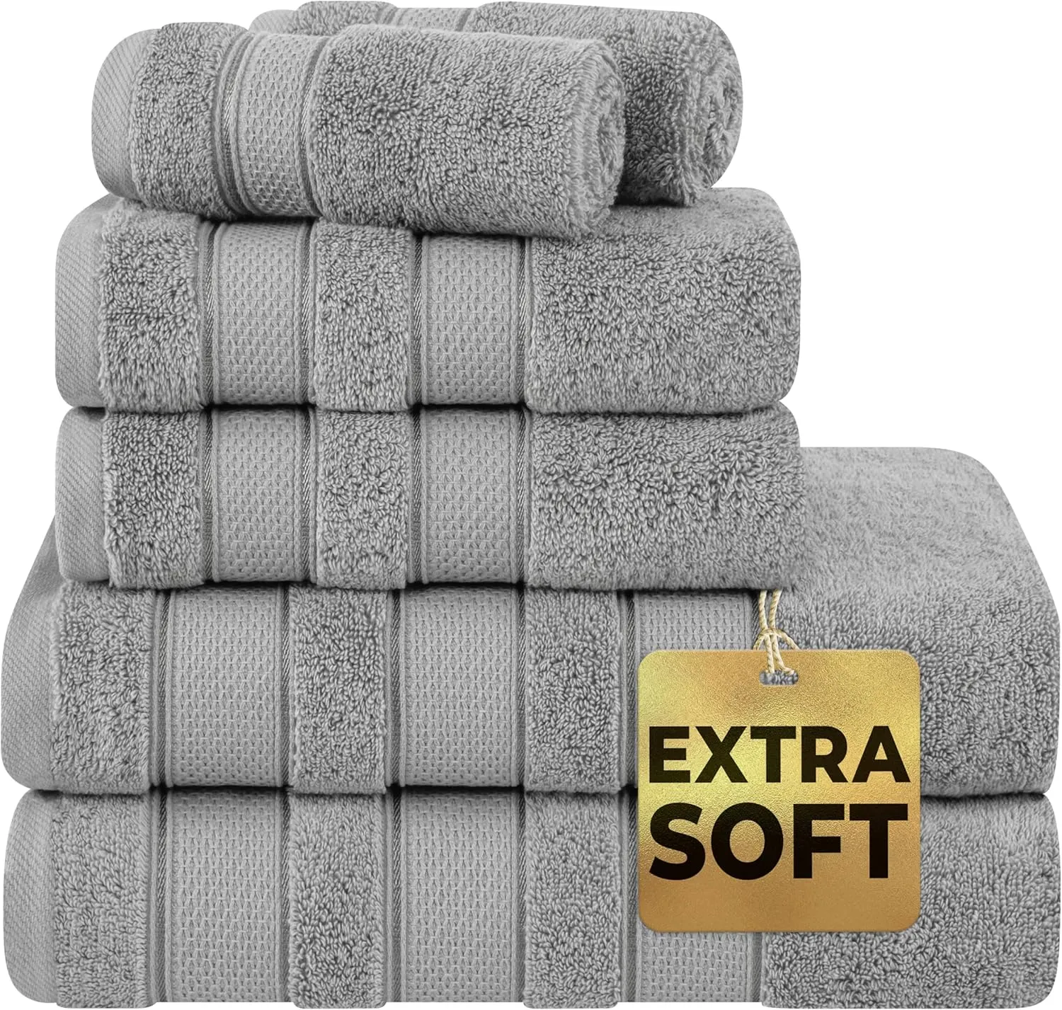 American Soft Linen Salem Bath Towel Set, 100% Cotton 6 Piece Towels for Bathroom, 2 Bath Towels 2 Hand Towels 2 Washcloths, Light Grey