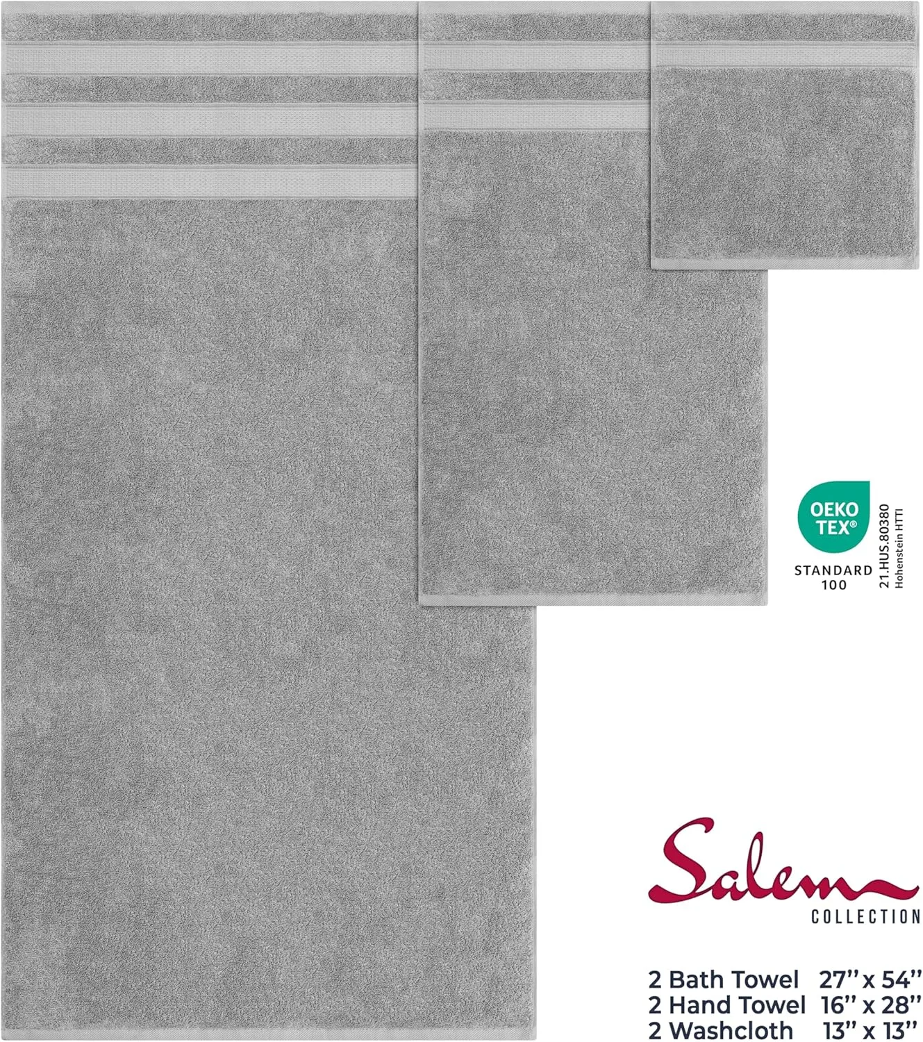 American Soft Linen Salem Bath Towel Set, 100% Cotton 6 Piece Towels for Bathroom, 2 Bath Towels 2 Hand Towels 2 Washcloths, Light Grey