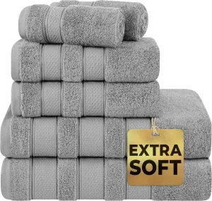American Soft Linen Salem Bath Towel Set, 100% Cotton 6 Piece Towels for Bathroom, 2 Bath Towels 2 Hand Towels 2 Washcloths, Light Grey