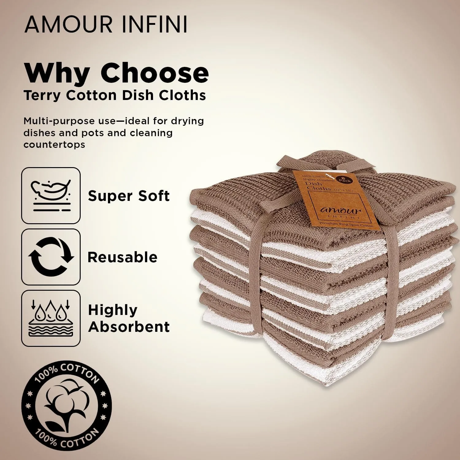 AMOUR INFINI Terry Dish Cloths Set of 8 Highly Absorbent, Super Soft Kitchen Dishcloths Reusable Quick Dry Dish Rags for Cleaning & Drying Dishes (12x12 Inch - Brown)
