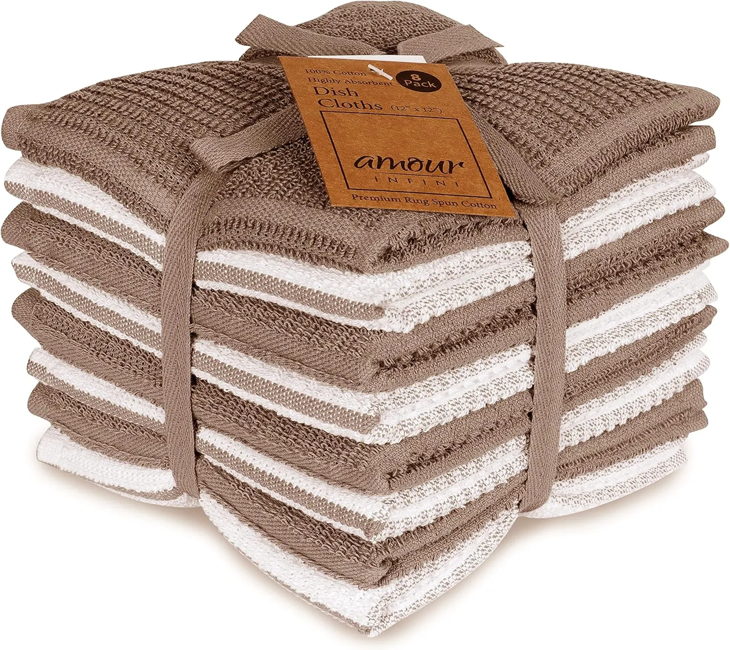 AMOUR INFINI Terry Dish Cloths Set of 8 Highly Absorbent, Super Soft Kitchen Dishcloths Reusable Quick Dry Dish Rags for Cleaning & Drying Dishes (12x12 Inch - Brown)