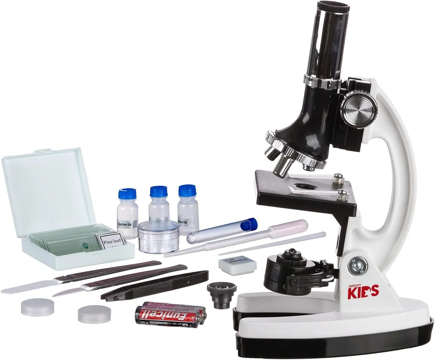 AmScope 120X-1200X 52-pcs Beginner Microscope STEM Kit with Metal Body Microscope, Plastic Slides, LED Light and Carrying Box (M30-ABS-KT2-W),White