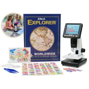 AmScope IQCREW Kid's Premium Portable LCD Color Digital Microscope with Explorer's Worldwide Stamp Collecting Kit