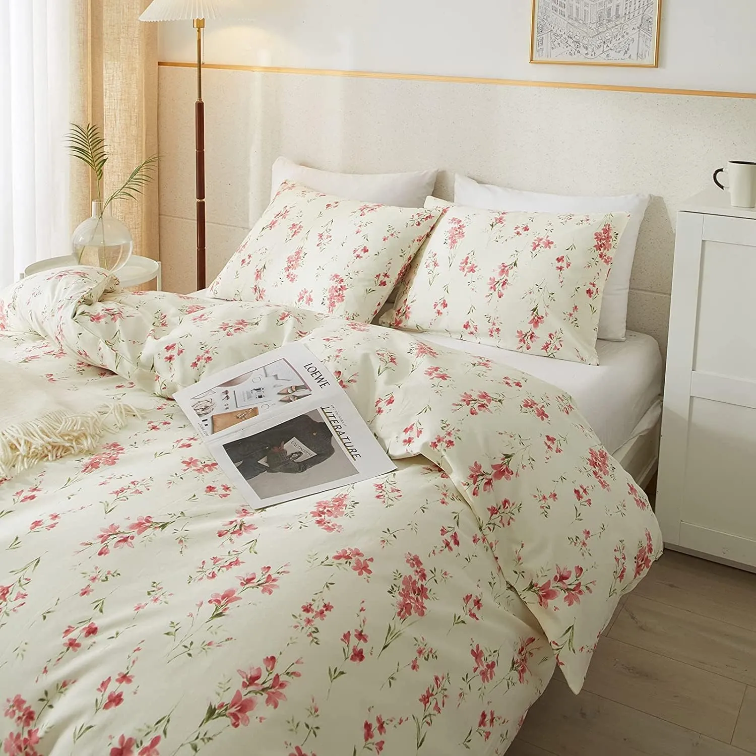 AMWAN Garden Style Pink Floral Duvet Cover Queen Chic Shabby White Pink Floral Bedding Sets 100% Cotton Botanical Floral Comforter Cover Aesthetic Boho Floral Bedding Collection Queen Duvet Cover Set