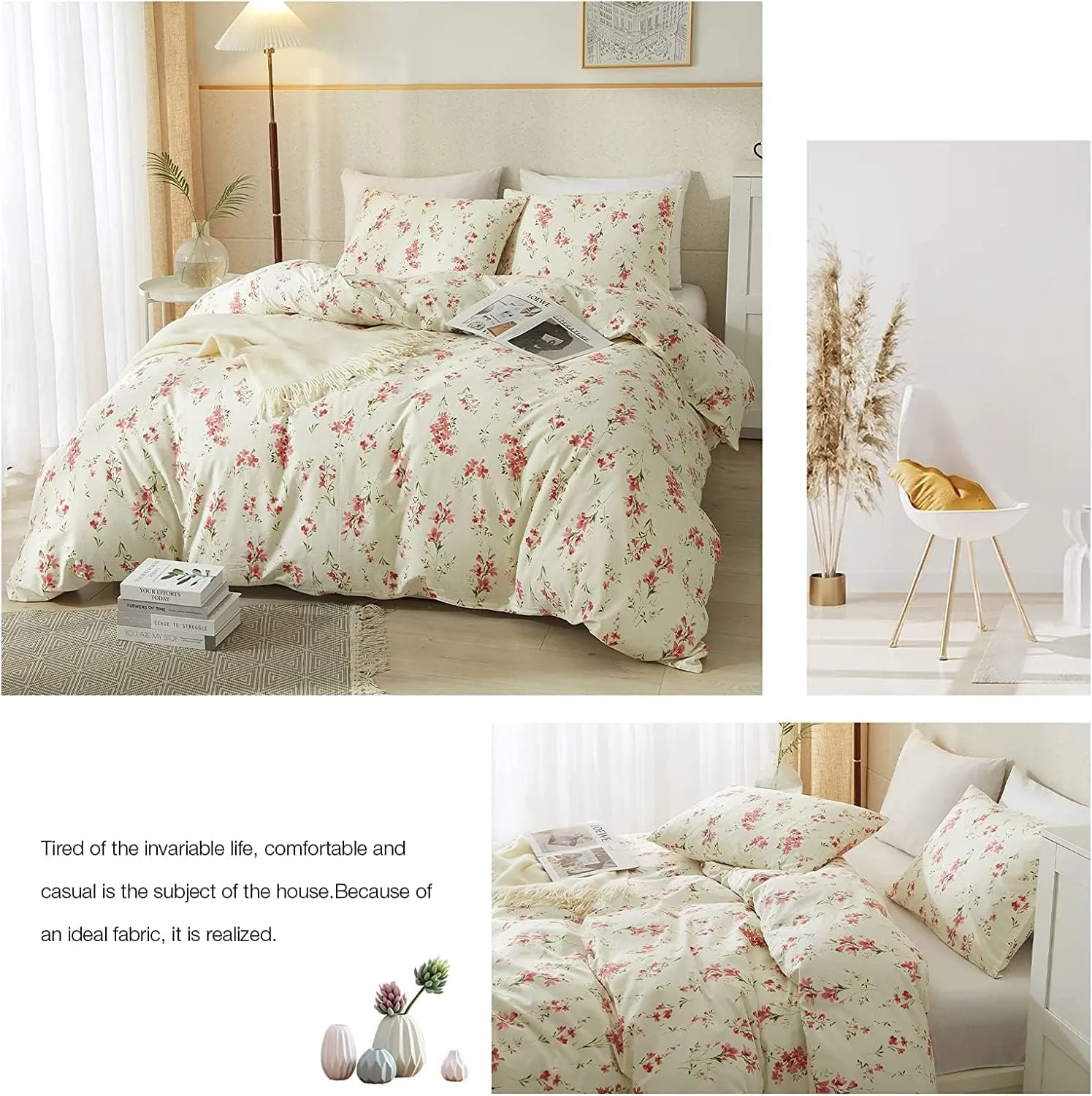 AMWAN Garden Style Pink Floral Duvet Cover Queen Chic Shabby White Pink Floral Bedding Sets 100% Cotton Botanical Floral Comforter Cover Aesthetic Boho Floral Bedding Collection Queen Duvet Cover Set