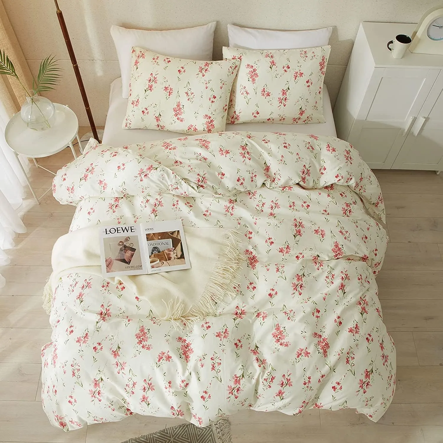 AMWAN Garden Style Pink Floral Duvet Cover Queen Chic Shabby White Pink Floral Bedding Sets 100% Cotton Botanical Floral Comforter Cover Aesthetic Boho Floral Bedding Collection Queen Duvet Cover Set
