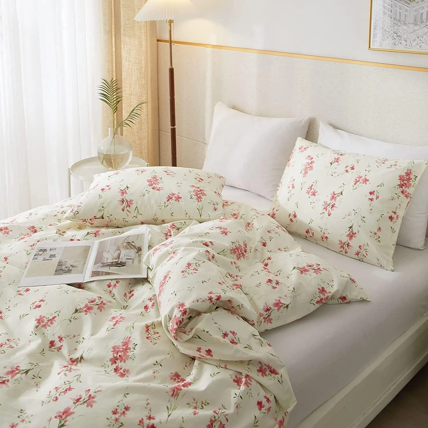 AMWAN Garden Style Pink Floral Duvet Cover Queen Chic Shabby White Pink Floral Bedding Sets 100% Cotton Botanical Floral Comforter Cover Aesthetic Boho Floral Bedding Collection Queen Duvet Cover Set