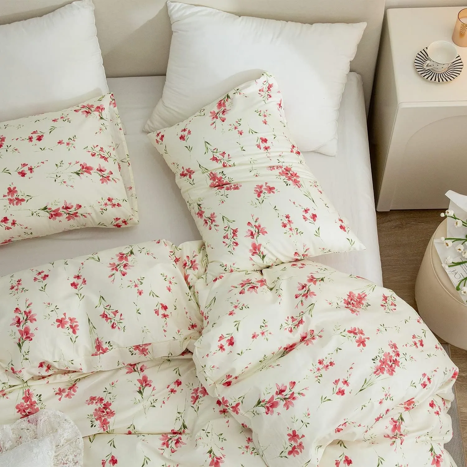 AMWAN Garden Style Pink Floral Duvet Cover Queen Chic Shabby White Pink Floral Bedding Sets 100% Cotton Botanical Floral Comforter Cover Aesthetic Boho Floral Bedding Collection Queen Duvet Cover Set