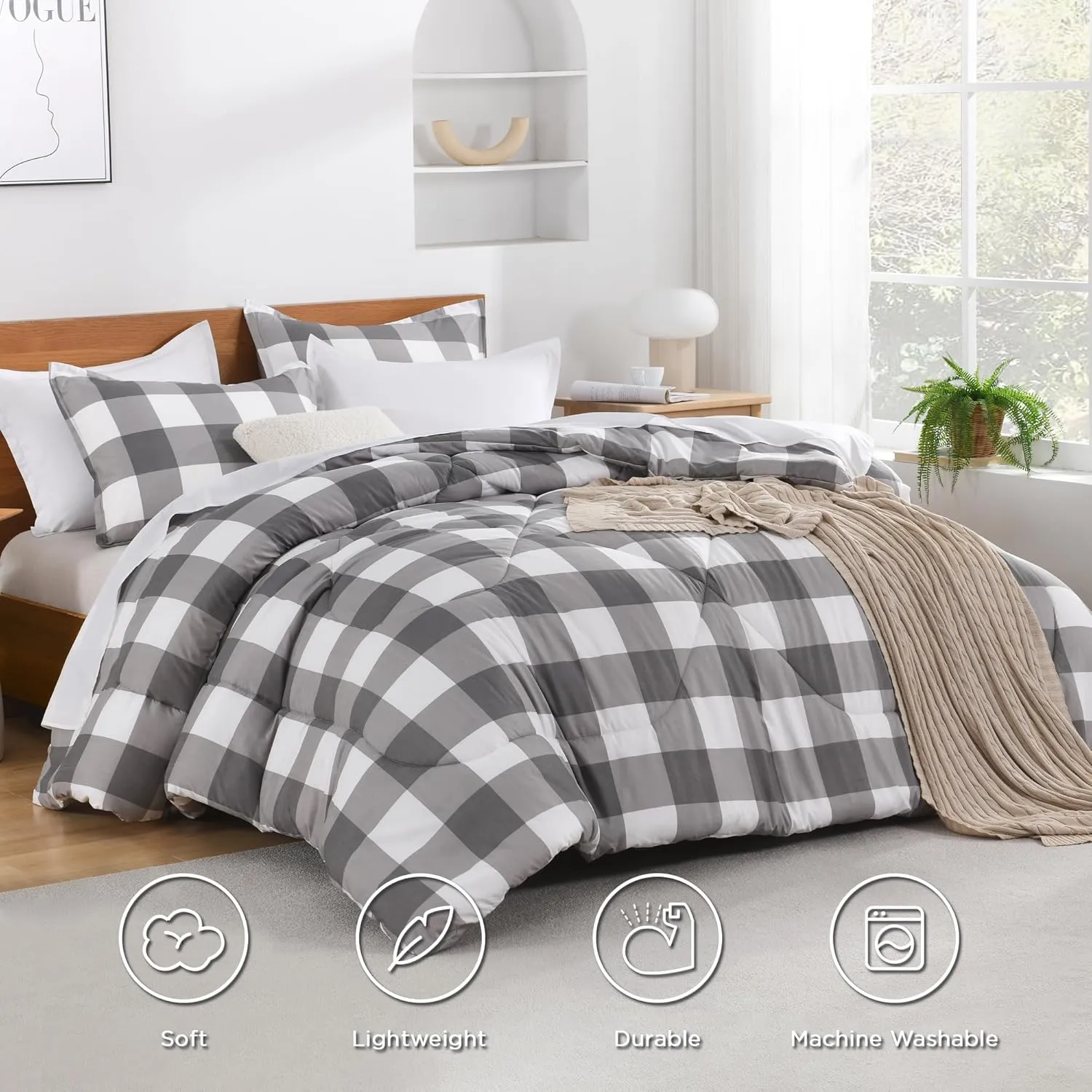 Andency Grey Queen Comforter Set, 3 Pieces Grey White Buffalo Check Plaid Bedding Comforter & Sets, Light Gray Soft Lightweight Fluffy All Season Bed Set