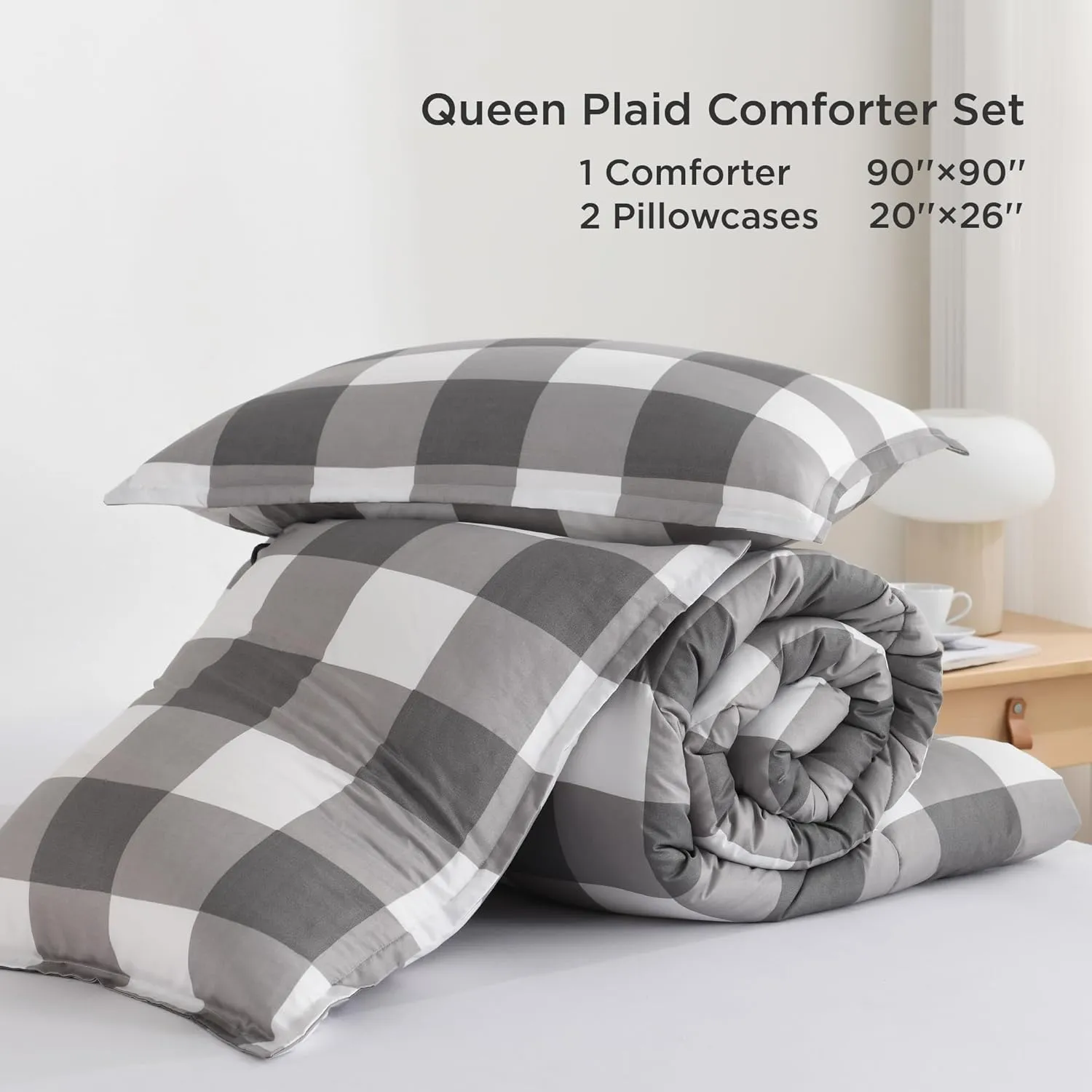 Andency Grey Queen Comforter Set, 3 Pieces Grey White Buffalo Check Plaid Bedding Comforter & Sets, Light Gray Soft Lightweight Fluffy All Season Bed Set