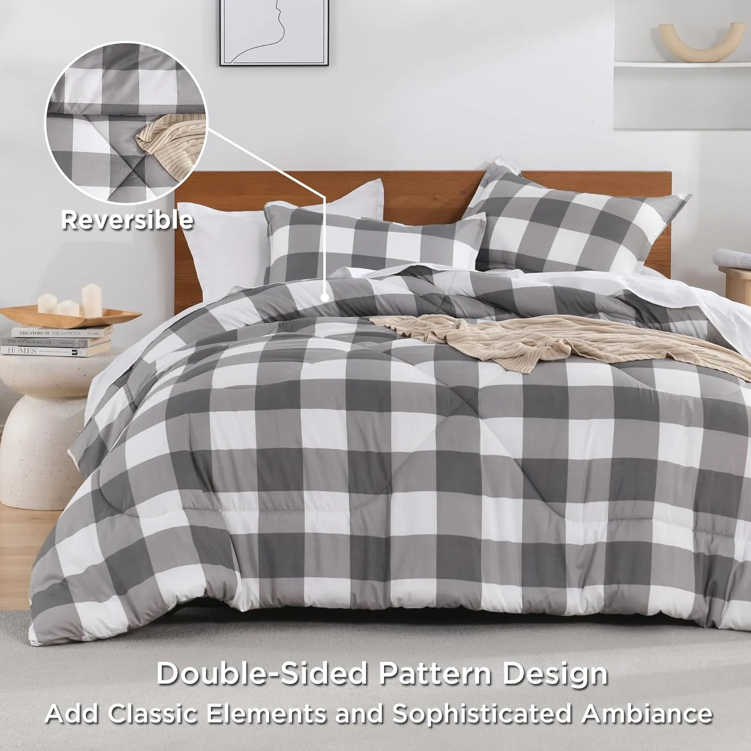 Andency Grey Queen Comforter Set, 3 Pieces Grey White Buffalo Check Plaid Bedding Comforter & Sets, Light Gray Soft Lightweight Fluffy All Season Bed Set