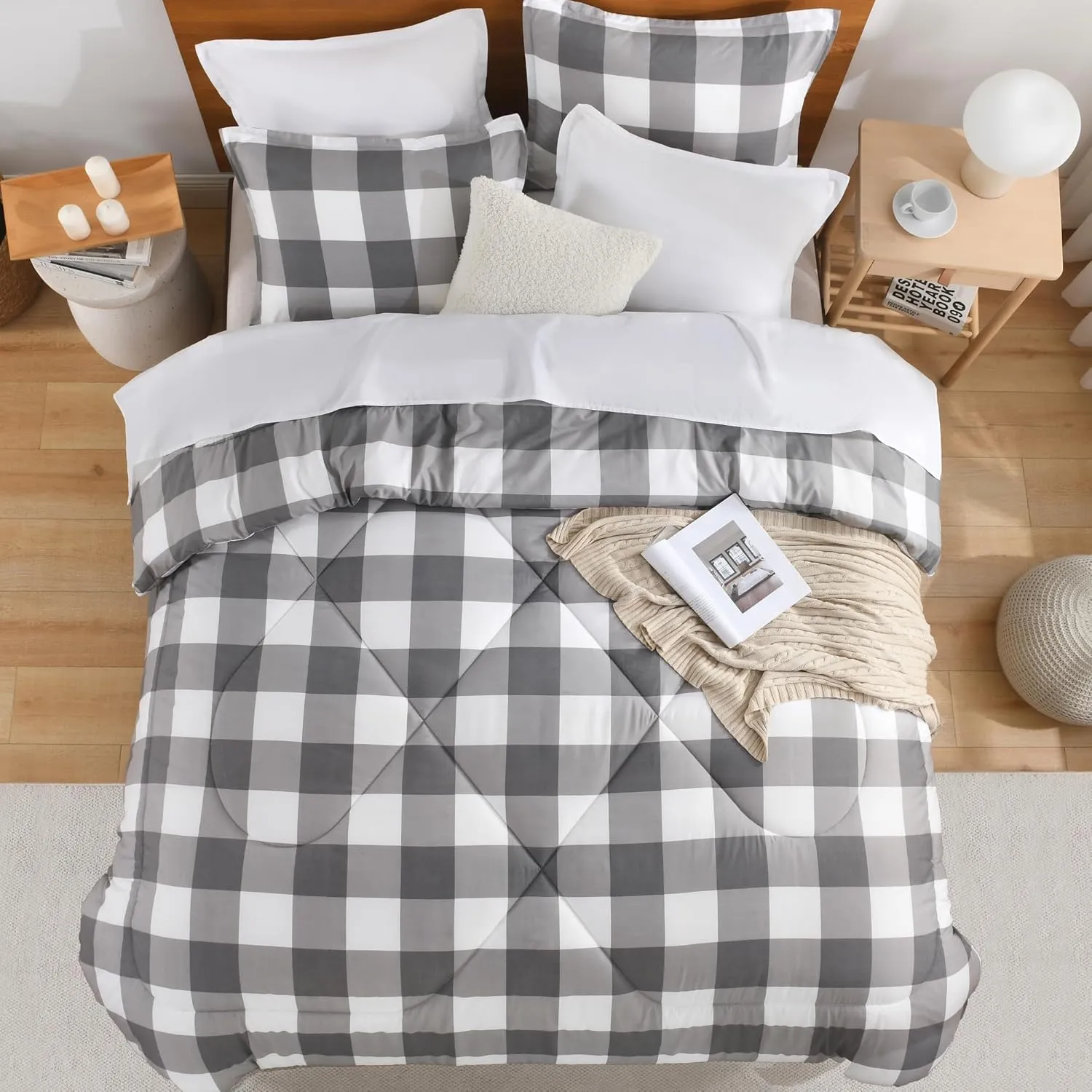 Andency Grey Queen Comforter Set, 3 Pieces Grey White Buffalo Check Plaid Bedding Comforter & Sets, Light Gray Soft Lightweight Fluffy All Season Bed Set