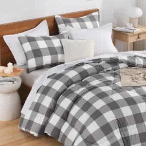 Andency Grey Queen Comforter Set, 3 Pieces Grey White Buffalo Check Plaid Bedding Comforter & Sets, Light Gray Soft Lightweight Fluffy All Season Bed Set