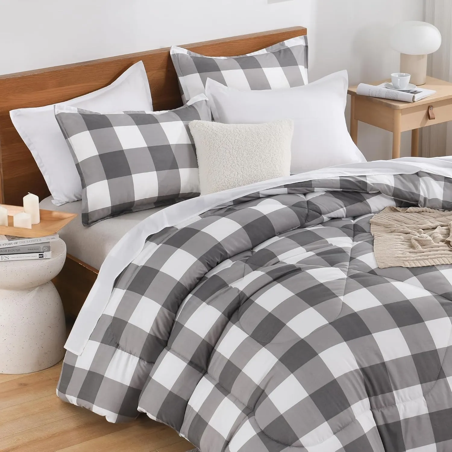 Andency Grey Queen Comforter Set, 3 Pieces Grey White Buffalo Check Plaid Bedding Comforter & Sets, Light Gray Soft Lightweight Fluffy All Season Bed Set