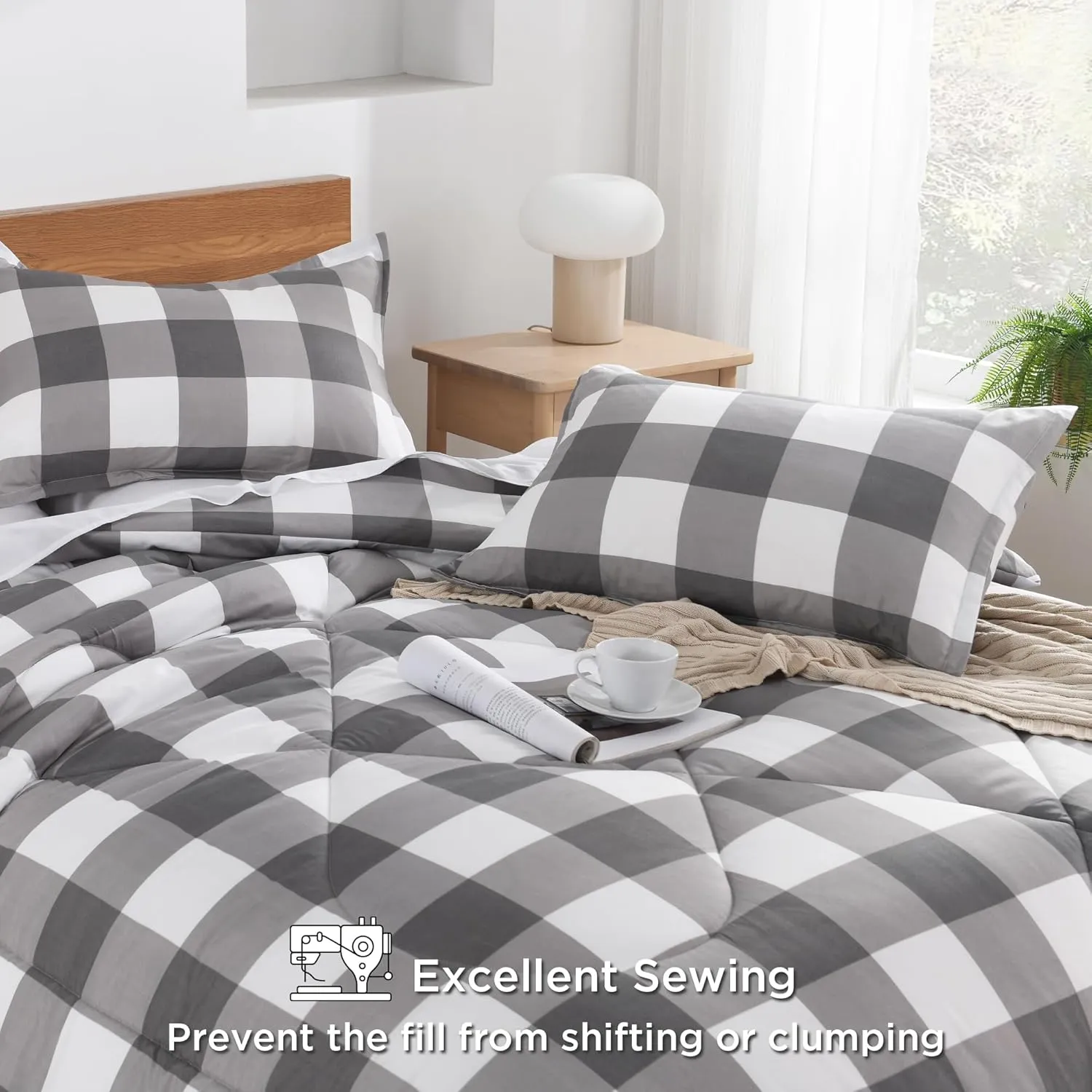 Andency Grey Queen Comforter Set, 3 Pieces Grey White Buffalo Check Plaid Bedding Comforter & Sets, Light Gray Soft Lightweight Fluffy All Season Bed Set