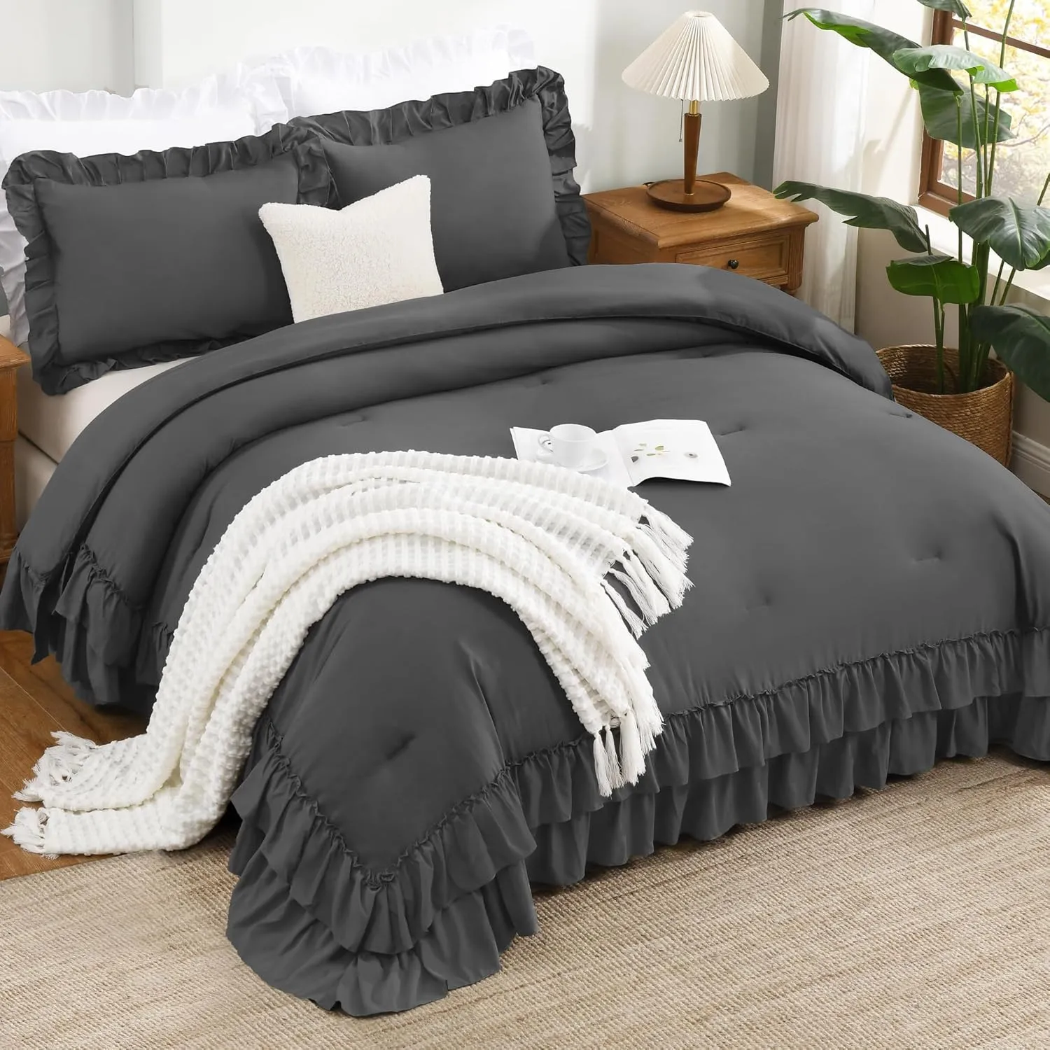 Andency Super King Ruffle Comforter Set, 3 Pieces Thick Shabby Chic Farmhouse Bedding Set for Women, Soft Lightweight Oversized King Comforter Set 120x120 (1 Comforter 2 Pillowcases), Dark Gray