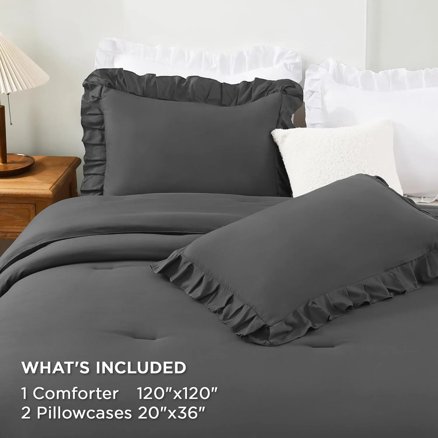Andency Super King Ruffle Comforter Set, 3 Pieces Thick Shabby Chic Farmhouse Bedding Set for Women, Soft Lightweight Oversized King Comforter Set 120x120 (1 Comforter 2 Pillowcases), Dark Gray