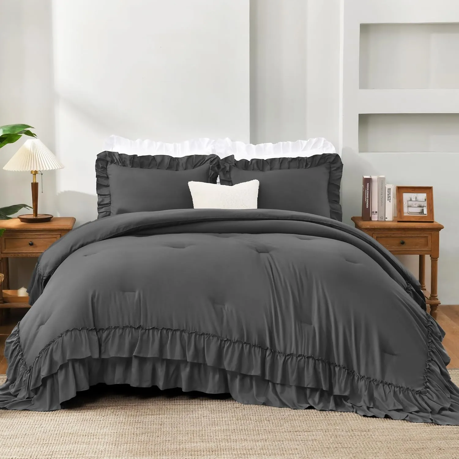 Andency Super King Ruffle Comforter Set, 3 Pieces Thick Shabby Chic Farmhouse Bedding Set for Women, Soft Lightweight Oversized King Comforter Set 120x120 (1 Comforter 2 Pillowcases), Dark Gray