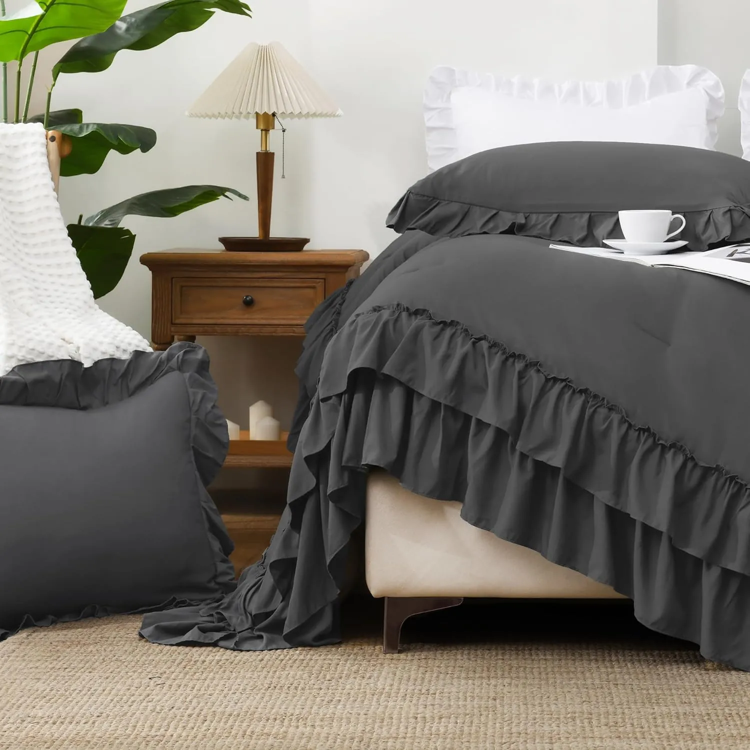 Andency Super King Ruffle Comforter Set, 3 Pieces Thick Shabby Chic Farmhouse Bedding Set for Women, Soft Lightweight Oversized King Comforter Set 120x120 (1 Comforter 2 Pillowcases), Dark Gray
