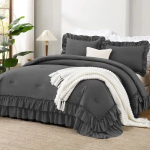 Andency Super King Ruffle Comforter Set, 3 Pieces Thick Shabby Chic Farmhouse Bedding Set for Women, Soft Lightweight Oversized King Comforter Set 120x120 (1 Comforter 2 Pillowcases), Dark Gray