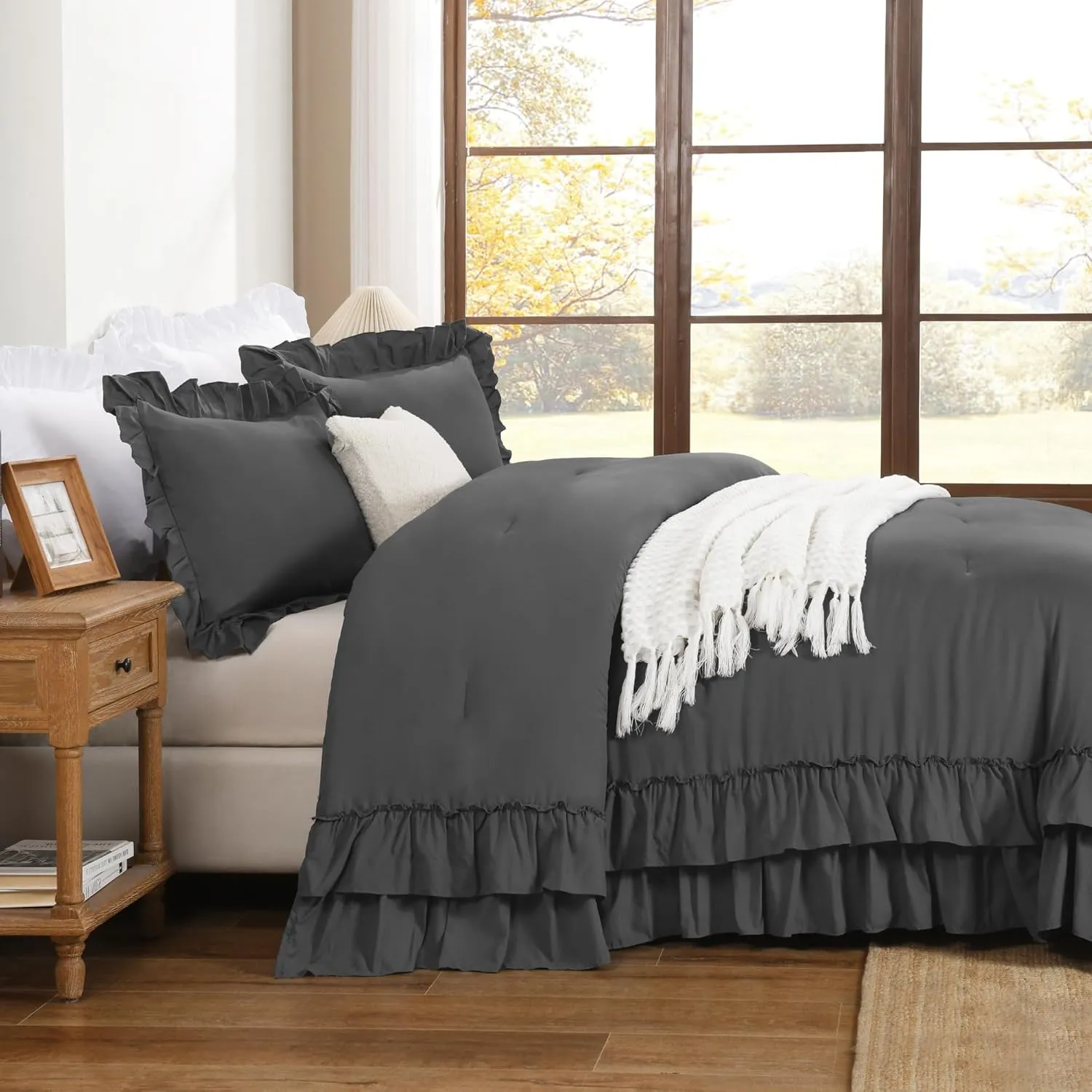 Andency Super King Ruffle Comforter Set, 3 Pieces Thick Shabby Chic Farmhouse Bedding Set for Women, Soft Lightweight Oversized King Comforter Set 120x120 (1 Comforter 2 Pillowcases), Dark Gray