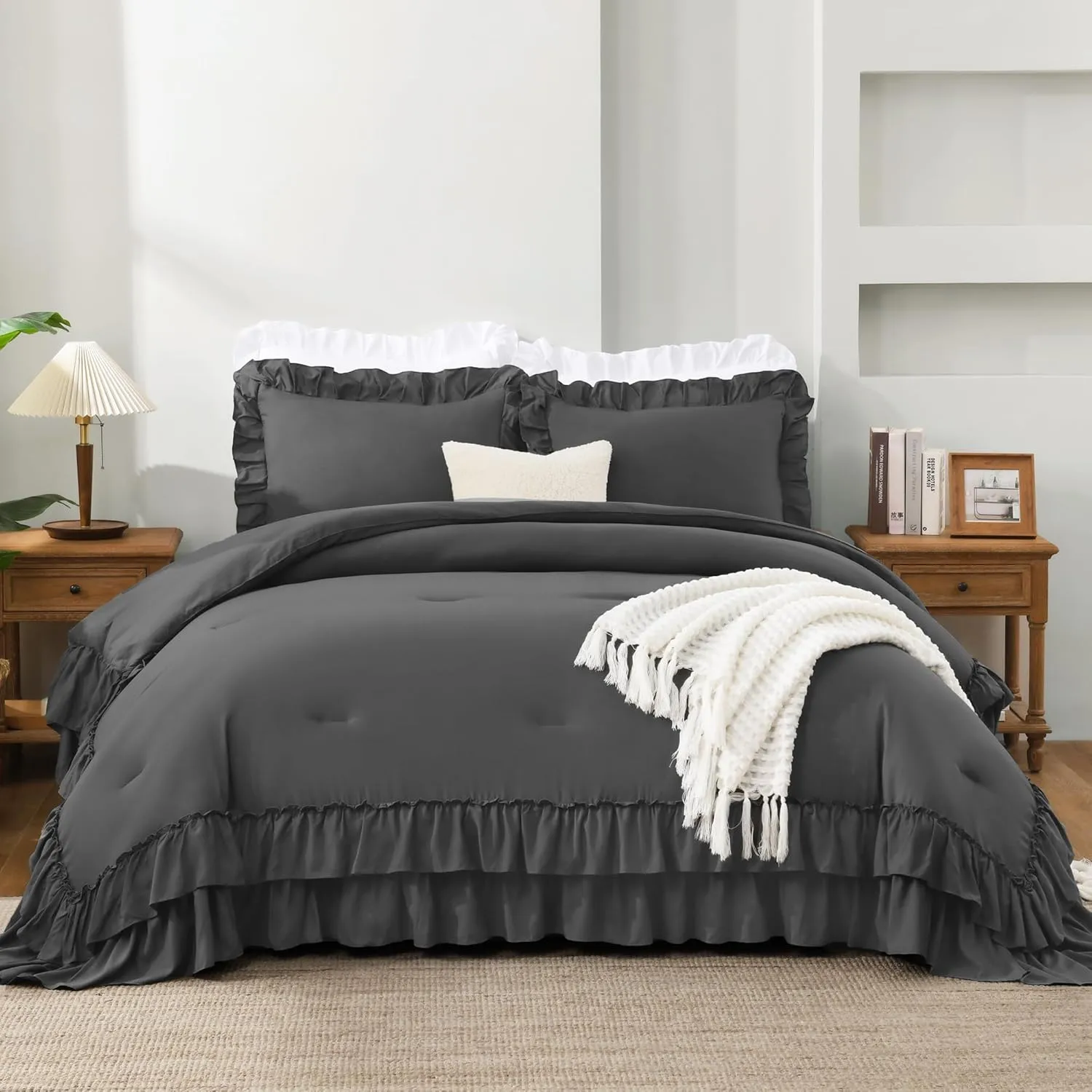 Andency Super King Ruffle Comforter Set, 3 Pieces Thick Shabby Chic Farmhouse Bedding Set for Women, Soft Lightweight Oversized King Comforter Set 120x120 (1 Comforter 2 Pillowcases), Dark Gray
