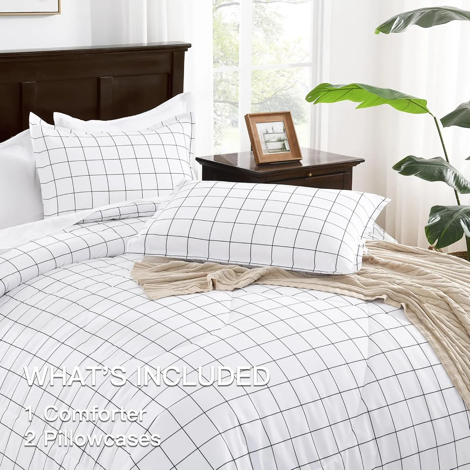 Andency White Grid Comforter Set King Size (104x90 Inch), 3 Pieces(1 Grid Comforter and 2 Pillowcases), Summer Lightweight Microfiber Down Alternative White Comforter with Black Lines