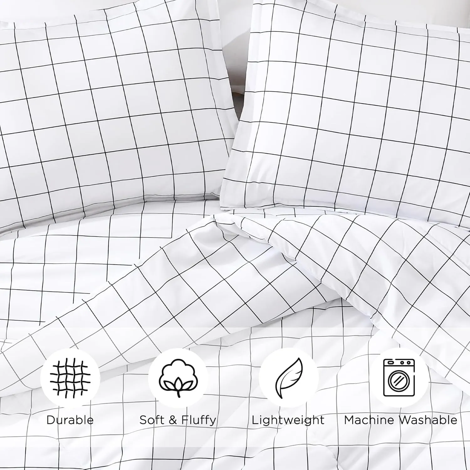 Andency White Grid Comforter Set King Size (104x90 Inch), 3 Pieces(1 Grid Comforter and 2 Pillowcases), Summer Lightweight Microfiber Down Alternative White Comforter with Black Lines