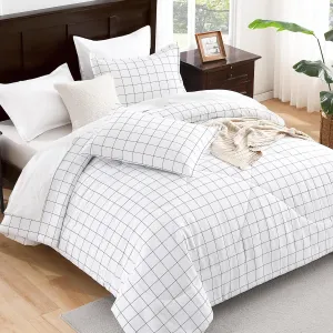 Andency White Grid Comforter Set King Size (104x90 Inch), 3 Pieces(1 Grid Comforter and 2 Pillowcases), Summer Lightweight Microfiber Down Alternative White Comforter with Black Lines