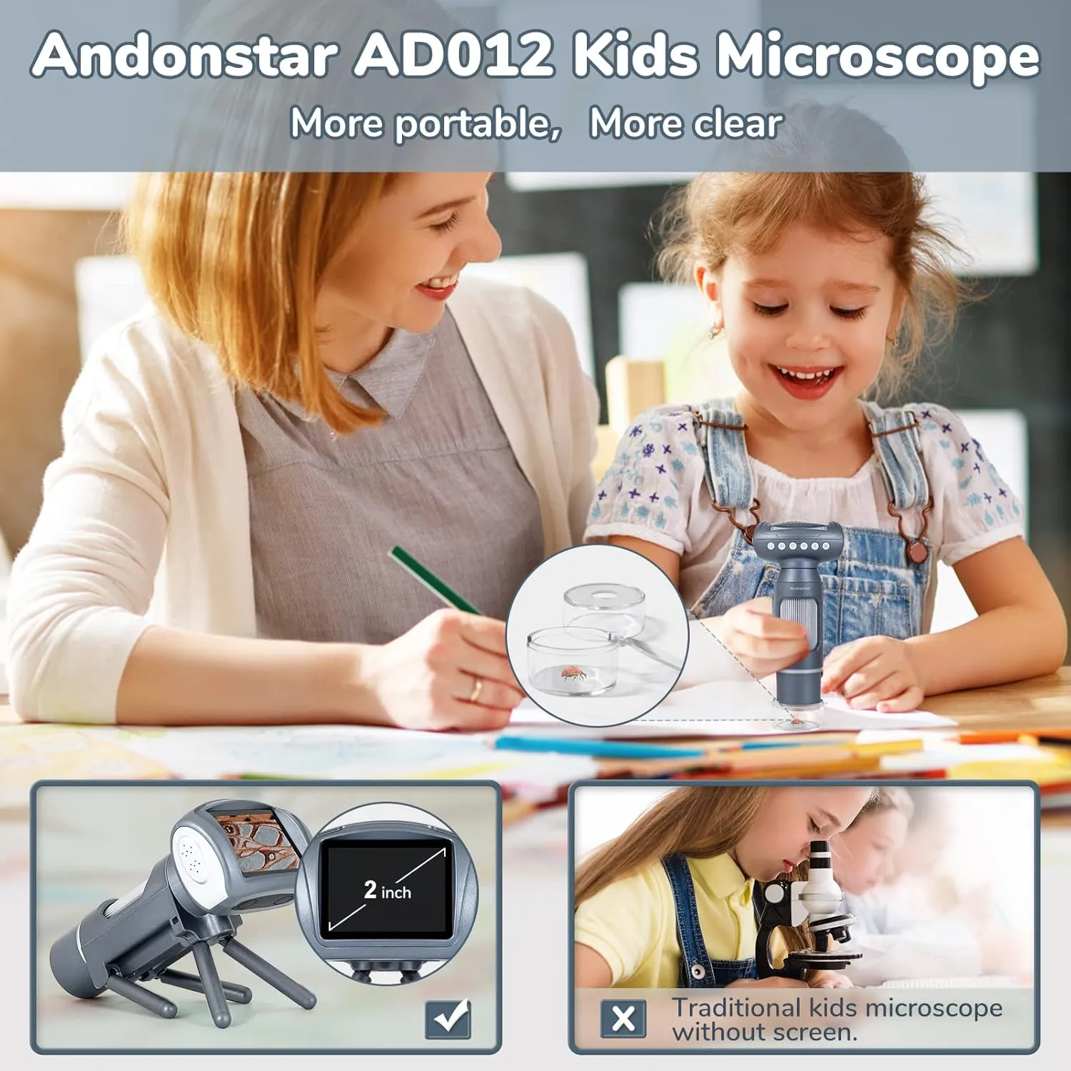 Andonstar AD012 Portable Microscope kit for Kids, 2" LCD Kids Microscope with Prepared Slides, 8G SD Card, Windows PC Compatible, STEM Educational Toys for Indoor, Outdoor Use, Ages 5  (Gray)