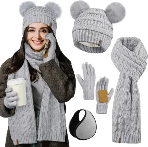 Aneco Women Winter Beanie Hat Scarf Gloves Set Warm Fleece Cap with PomPom Knit Anti-Slip Touchscreen Gloves for Cold Weather