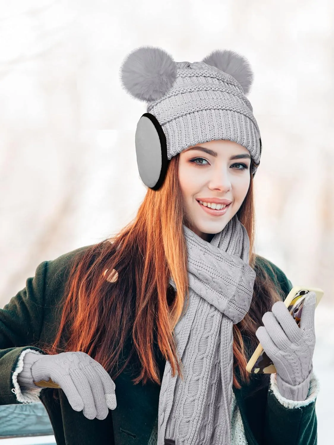 Aneco Women Winter Beanie Hat Scarf Gloves Set Warm Fleece Cap with PomPom Knit Anti-Slip Touchscreen Gloves for Cold Weather