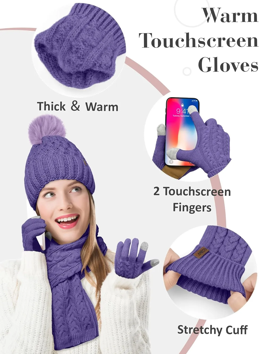 Aneco Women Winter Beanie Hat Scarf Gloves with Pom Pom Fleece Lined Touchscreen Gloves Set Thick Warm Knit Cap 3-in-1 Set
