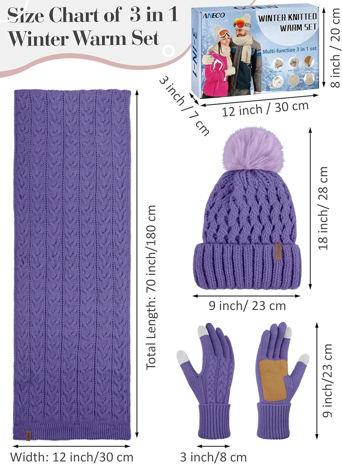 Aneco Women Winter Beanie Hat Scarf Gloves with Pom Pom Fleece Lined Touchscreen Gloves Set Thick Warm Knit Cap 3-in-1 Set