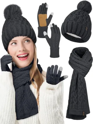 Aneco Women Winter Beanie Hat Scarf Gloves with Pom Pom Fleece Lined Touchscreen Gloves Set Thick Warm Knit Cap 3-in-1 Set
