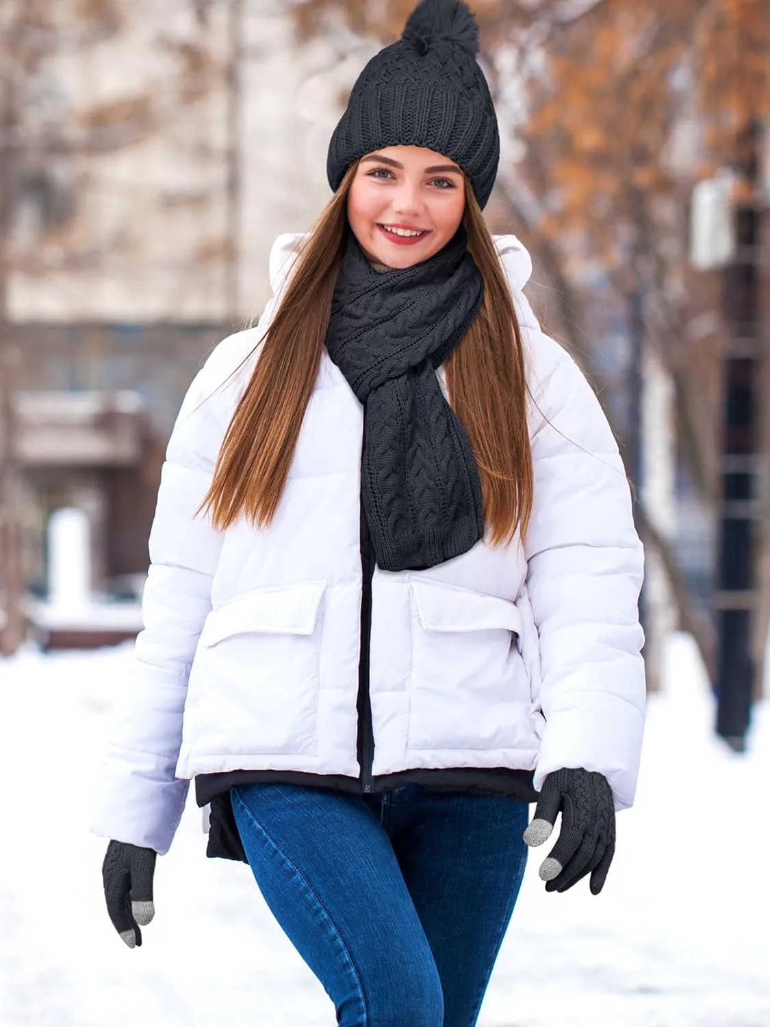 Aneco Women Winter Beanie Hat Scarf Gloves with Pom Pom Fleece Lined Touchscreen Gloves Set Thick Warm Knit Cap 3-in-1 Set