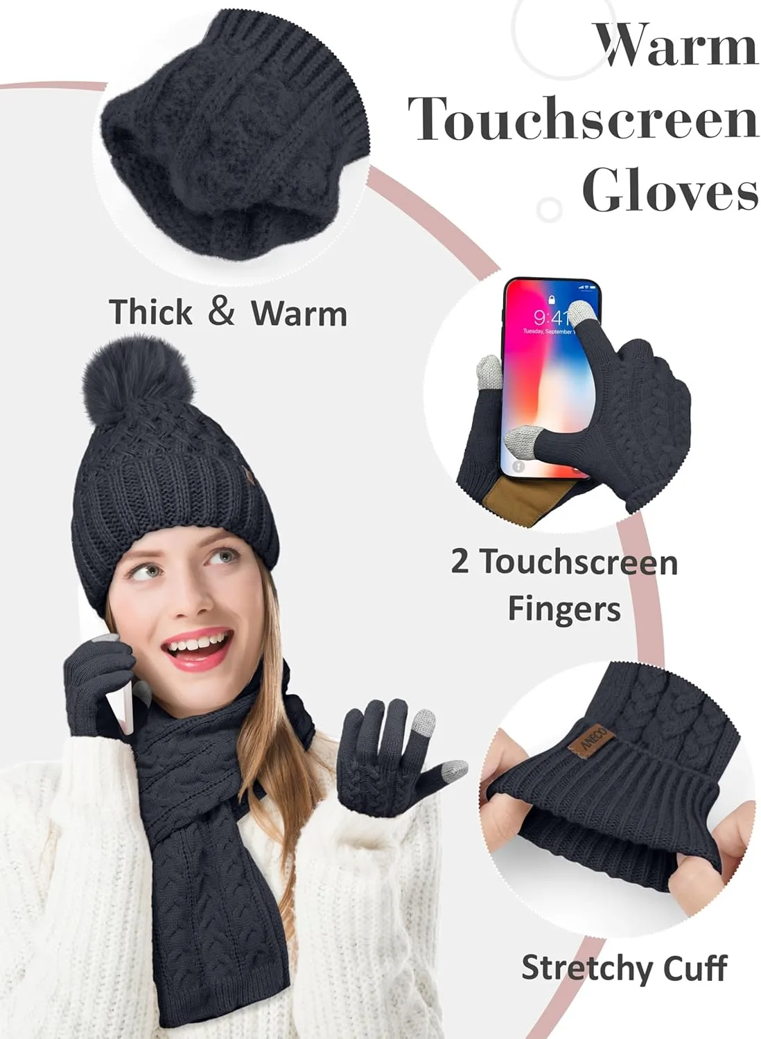 Aneco Women Winter Beanie Hat Scarf Gloves with Pom Pom Fleece Lined Touchscreen Gloves Set Thick Warm Knit Cap 3-in-1 Set