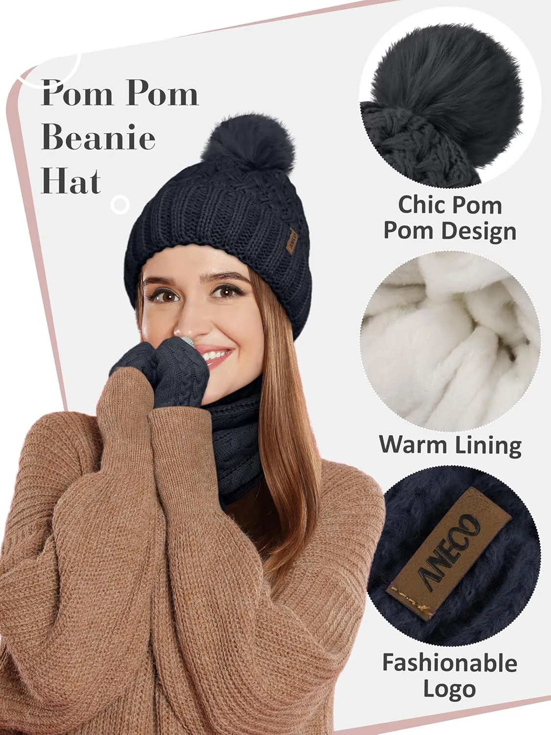 Aneco Women Winter Beanie Hat Scarf Gloves with Pom Pom Fleece Lined Touchscreen Gloves Set Thick Warm Knit Cap 3-in-1 Set