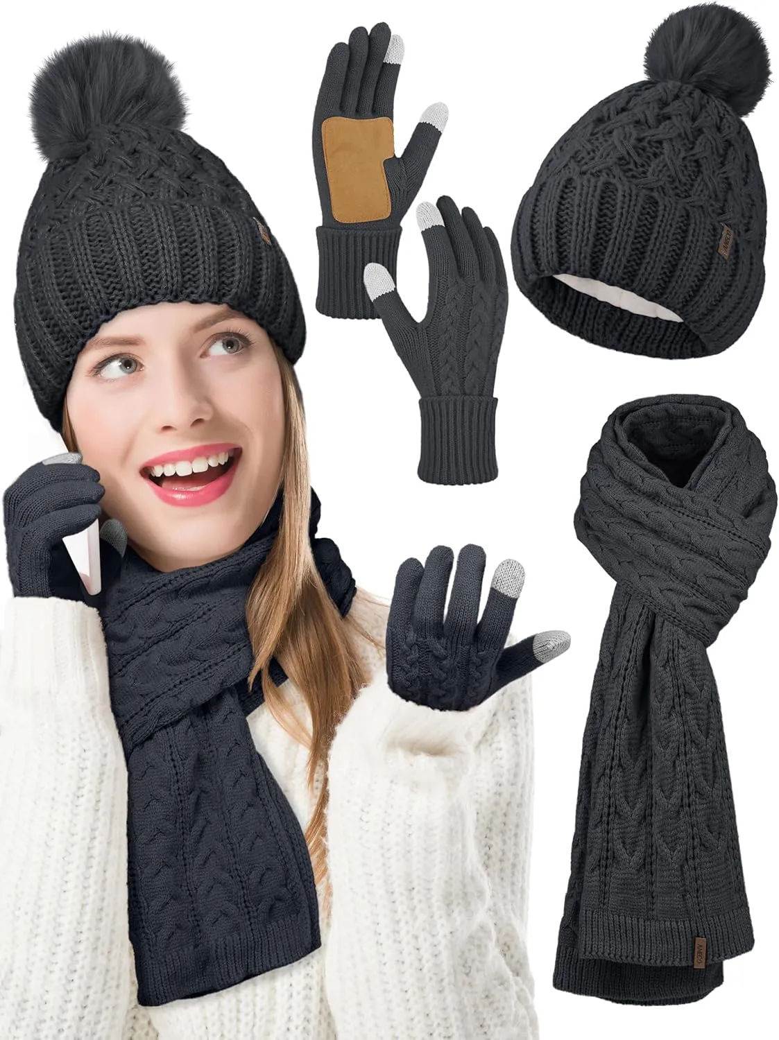 Aneco Women Winter Beanie Hat Scarf Gloves with Pom Pom Fleece Lined Touchscreen Gloves Set Thick Warm Knit Cap 3-in-1 Set