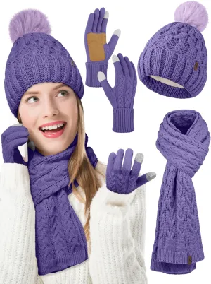 Aneco Women Winter Beanie Hat Scarf Gloves with Pom Pom Fleece Lined Touchscreen Gloves Set Thick Warm Knit Cap 3-in-1 Set