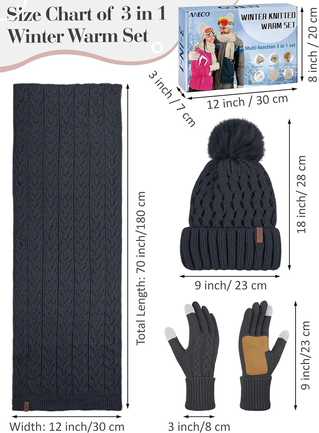 Aneco Women Winter Beanie Hat Scarf Gloves with Pom Pom Fleece Lined Touchscreen Gloves Set Thick Warm Knit Cap 3-in-1 Set