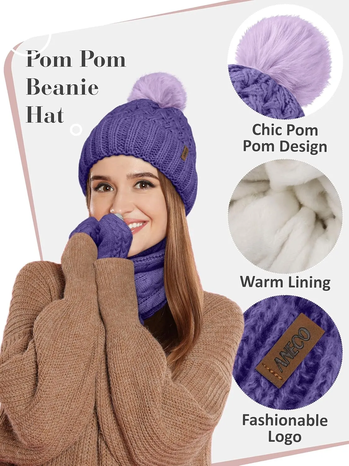 Aneco Women Winter Beanie Hat Scarf Gloves with Pom Pom Fleece Lined Touchscreen Gloves Set Thick Warm Knit Cap 3-in-1 Set