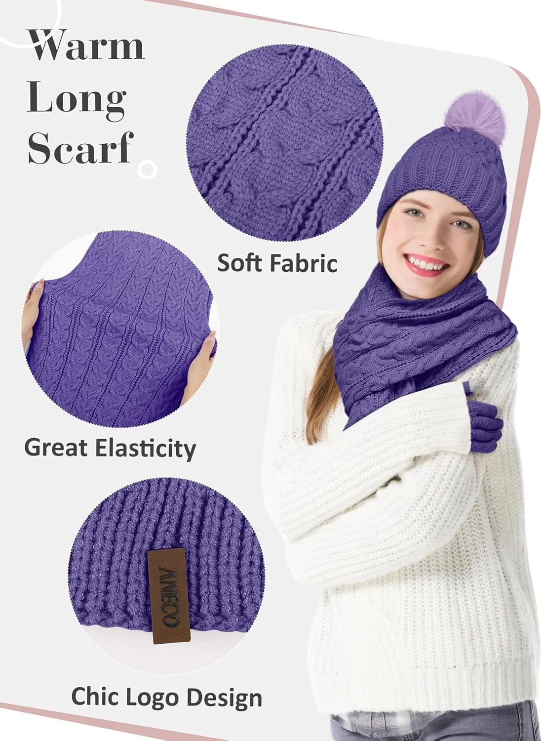 Aneco Women Winter Beanie Hat Scarf Gloves with Pom Pom Fleece Lined Touchscreen Gloves Set Thick Warm Knit Cap 3-in-1 Set