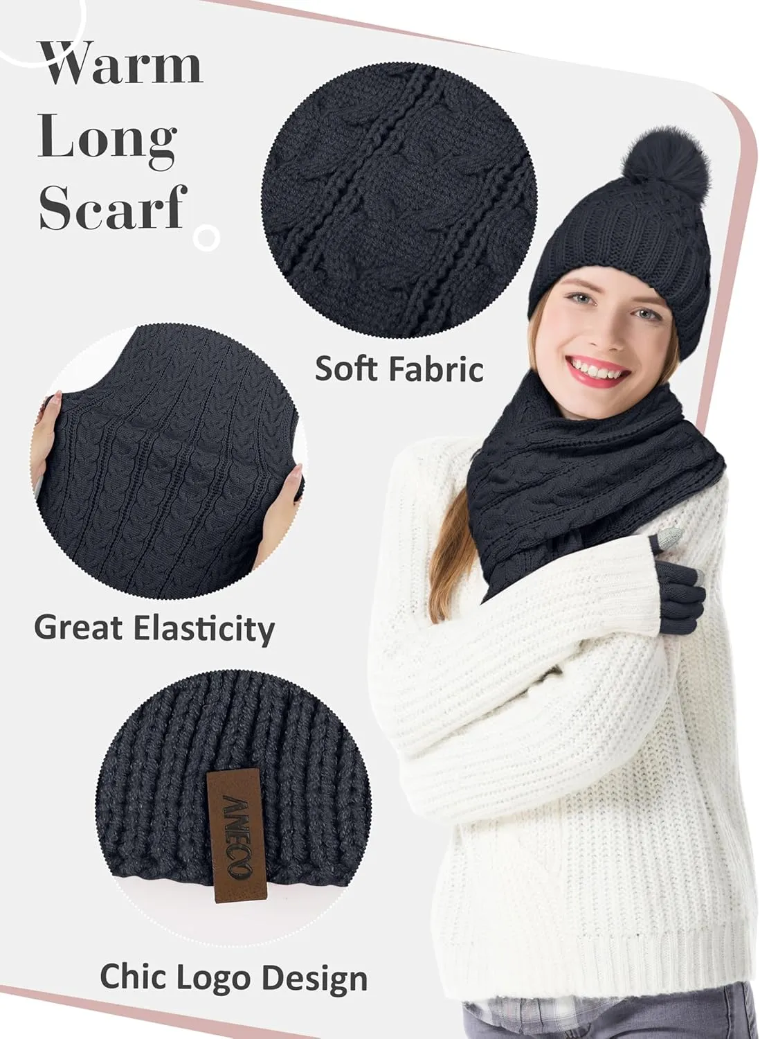 Aneco Women Winter Beanie Hat Scarf Gloves with Pom Pom Fleece Lined Touchscreen Gloves Set Thick Warm Knit Cap 3-in-1 Set