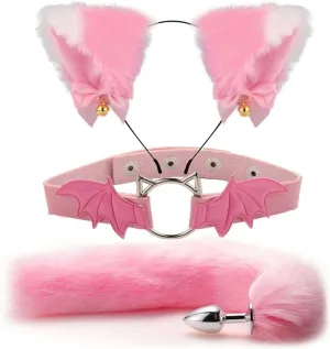 Animal Cosplay Costume Furry Fox Tail Plug Cute Ears Headband Bat Style Neck Collar Set