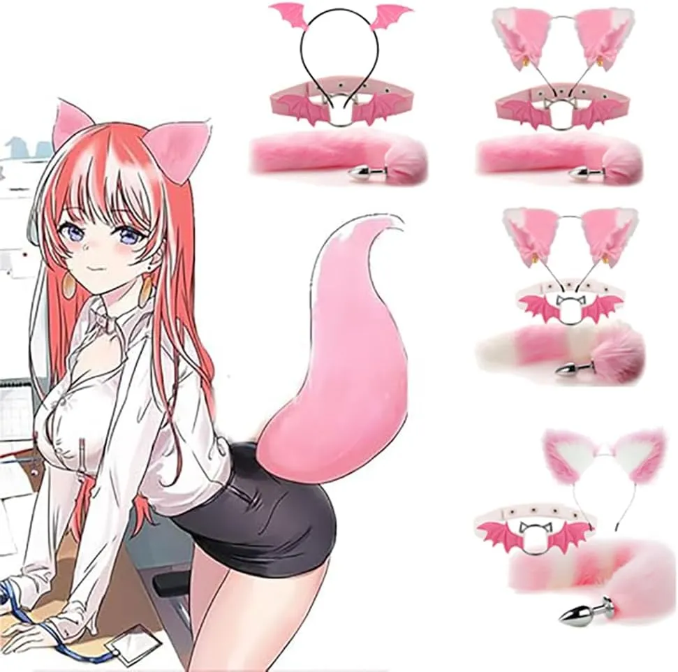 Animal Cosplay Costume Furry Fox Tail Plug Cute Ears Headband Bat Style Neck Collar Set
