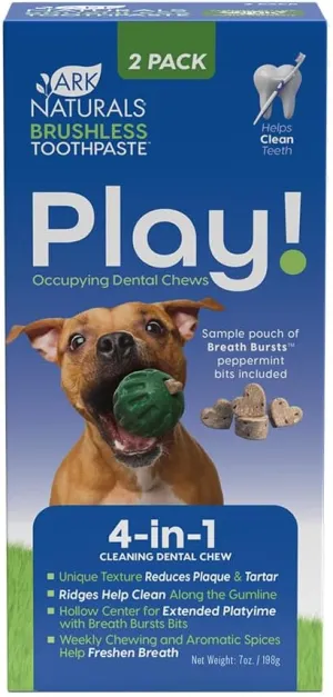 Ark Naturals Brushless Toothpaste Play, 4-in-1 Cleaning Dental Chew Play Ball, 2 Pack
