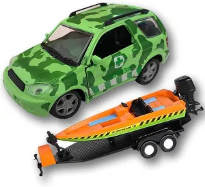 ArtCreativity SUV Toy Car with Trailer and Speedboat Set for Kids, Interactive Jungle Play Set with Detachable Speed Boat and Opening Doors on 4 x 4 Toy Truck, Best Birthday Gift for Boys & Girls
